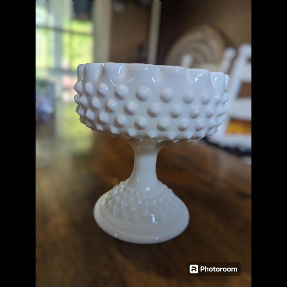 Fenton Hobnail Milk Glass Pedestal Bowl with Scalloped Ruffled Edge